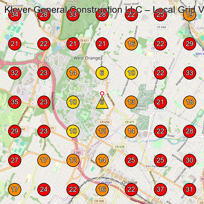 Klever General Construction LLC GeoGrid visibility map for Roofing Contractor in Roseland